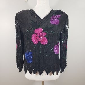 Royal Feelings 100% Silk Floral Sequined V-Neck Blouse Vintage 80's
